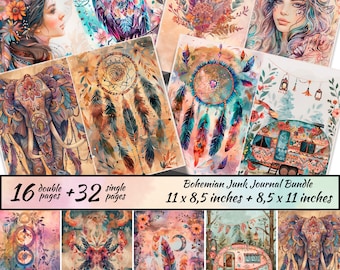 Boho Hippie Junk Journal Page, Boho Mixed Media, Dreamcatcher, Bohemian Ki, Hippie Ephemera, Digital Scrapbook Paper Kit, Collage the 70s