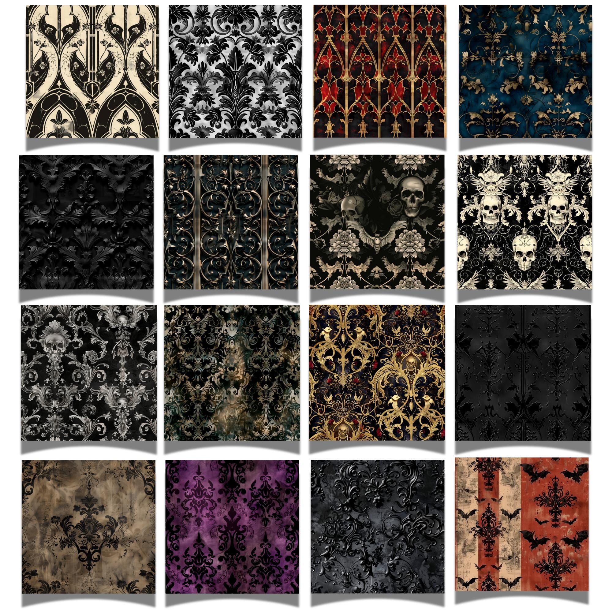 Seamless Gothic Digital Paper, Gothic Seamless Patterns, Skull Damask ...