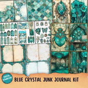 Kit de journal indésirable en cristal bleu, folio imprimable, documents éphémères vintage, étiquette, étiquette, pochette, pierre magique imprimable, album, collage turquoise