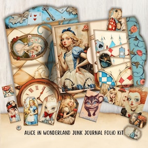 Kit de diario basura de Alicia en el país de las maravillas, etiquetas y material efímero, Sombrerero loco, folio imprimible, manualidad de papel, kit de diario digital, aventuras de Alicia