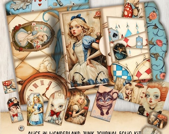 Kit de diário de lixo Alice no País das Maravilhas, etiquetas e itens efêmeros, Chapeleiro Maluco, Folio para impressão, artesanato em papel, kit de diário digital, aventuras de Alice