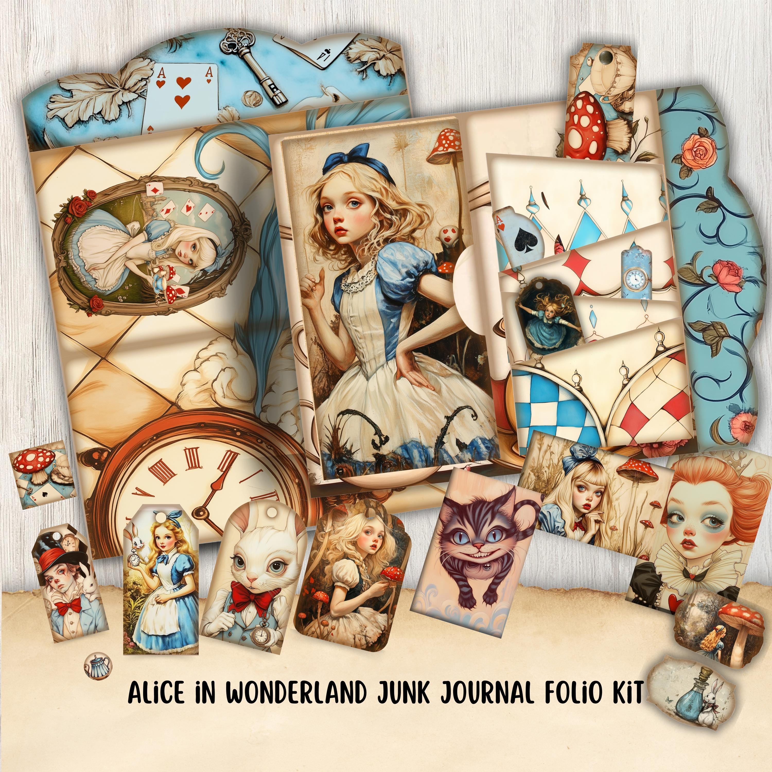 Alice in Wonderland Junk Journal Folio Kit, Tags and Ephemera, Paper ...