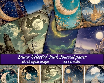 Lunar Celestial Junk Journal paper, Digital Scrapbook Paper Kit, Vintage Night Sky Ephemera, Astronomy Printable Mystical Star, Moon journal