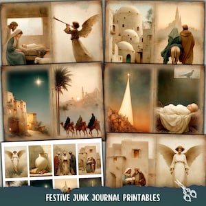 May include: A collection of vintage-style digital art prints with religious themes. The images depict scenes of the Nativity, angels, and biblical figures in a warm, aged aesthetic. The text "Festive Junk Journal Printables" is at the bottom.