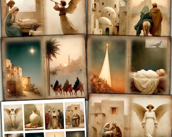May include: A collection of vintage-style digital art prints with religious themes. The images depict scenes of the Nativity, angels, and biblical figures in a warm, aged aesthetic. The text "Festive Junk Journal Printables" is at the bottom.