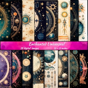 Enchanted Universe digitaal papier, download fantasie-ephemera plakboekpapier, afdrukbare Galaxy-decoupagepapier, download magische ruimtepagina's