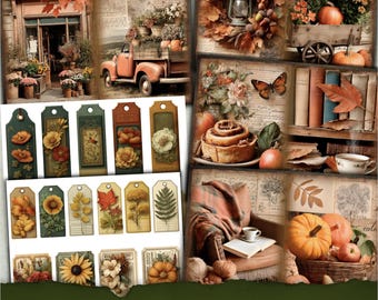 Vintage Autumn Junk Journal pages, Fall Ephemera, Botanical Collage Sheet, Scrapbooking, Cozy Collage Sheets, Autumn pumpkin Printable Pages