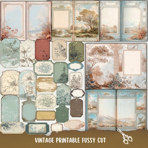 May include: A selection of vintage printable fussy cut ephemera with landscape scenes, floral illustrations, and decorative frames in soft blues, greens, and browns. The text "VINTAGE PRINTABLE FUSSY CUT" is at the bottom of the image.