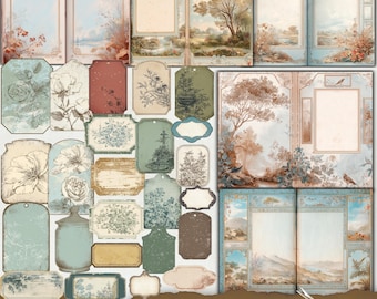 Kit para Diário de Arte Vintage com Recortes Precisos, Etiquetas, Tags, Papel Tingido, Papel para Scrapbook, Fundo Estilo Livro-Razão e Técnicas Mistas