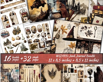 WIZARD Junk Journal Bundle, Folio Kit, Schule für Magie Junk Journal Seiten, Ephemera, Zauberer Schule Bedarf, Scrapbook, Papier Handwerk