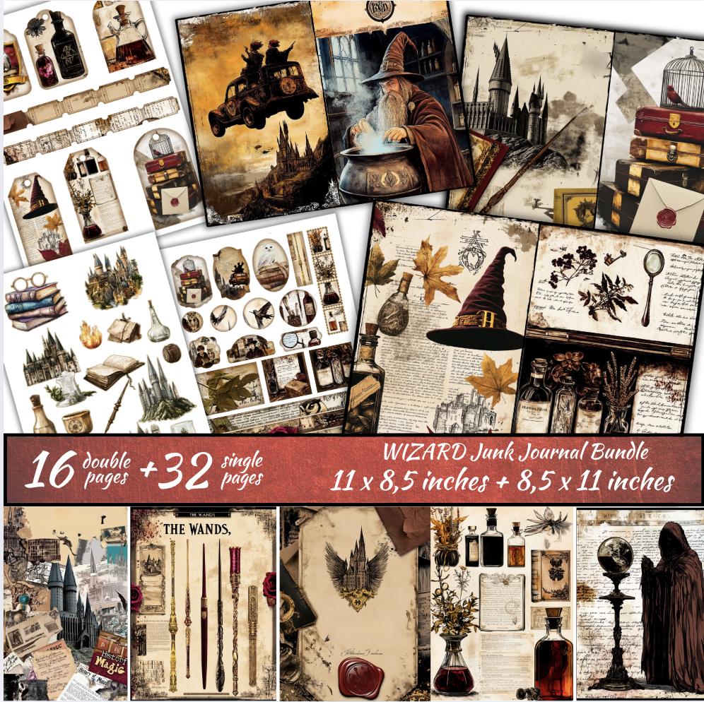 WIZARD Junk Journal Bundle, Tags, Folio Kit, School of Magic Junk ...