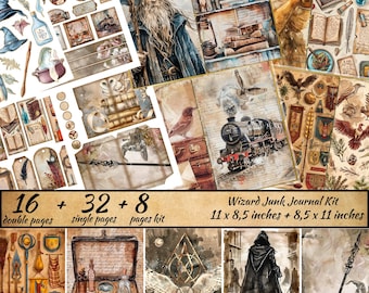 Zauberer Junk Journal Kit, Zauberer Digitale Collage Sheets, Magic Junk Journal Kit, Zauberer und Bücher Junk Journal Ephemera, Zauberer Schulzubehör