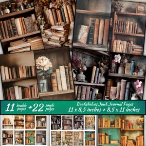 Bookshelves Junk Journal Pages, Vintage Books Printable, Dark Academia Library, Scrapbooking, Book Shop Printable, Reading Digital Collage