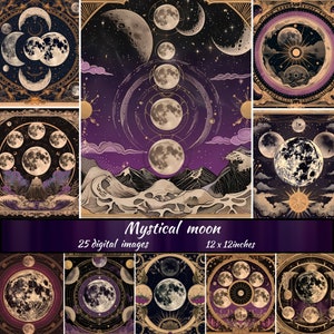 Papel digital de luna mística, descarga papel mágico para álbum de recortes de galaxia, papeles imprimibles para álbum de recortes de galaxia, tarjeta con fondo celestial mágico