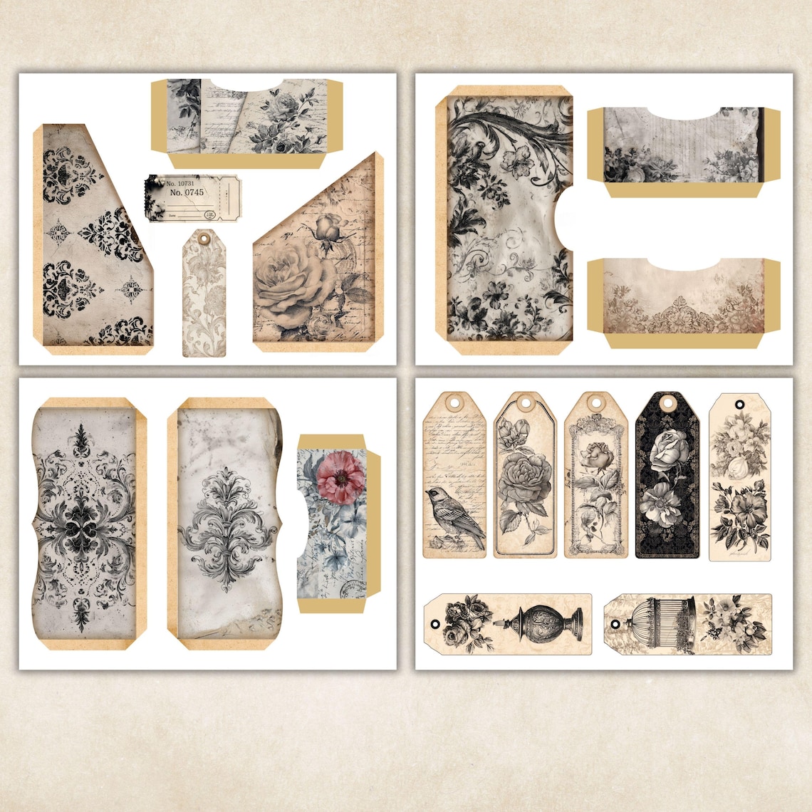 Vintage Grunge Junk Journal Kit, Printable Black Tag, Pocket, Dark ...