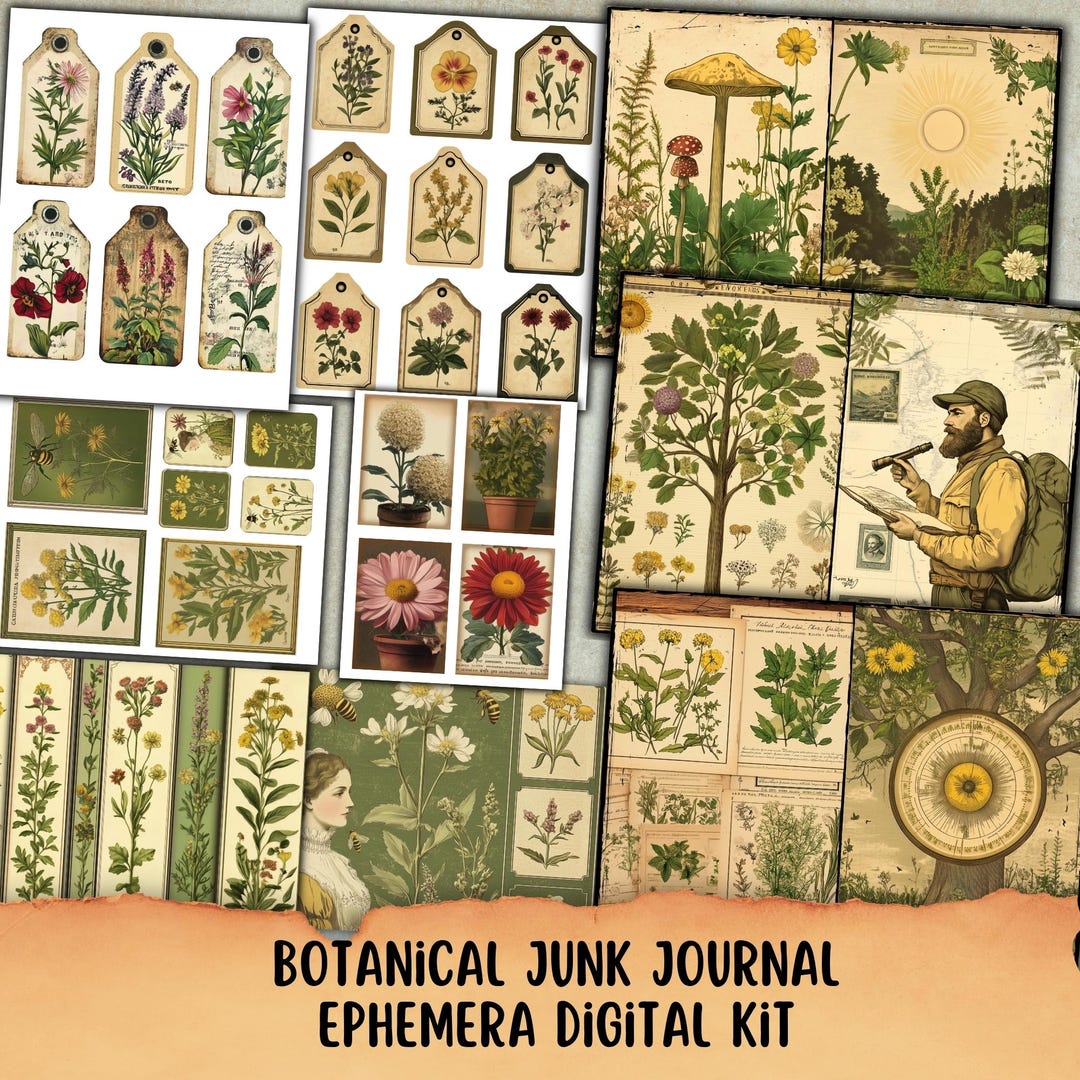 Botanical Junk Journal Ephemera Digital Kit, Herbal Printable, Vintage ...