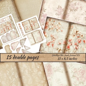 Kit folio de journal indésirable shabby chic, éphémères imprimables de la flore, fournitures pour scrapbooking, pochette, étiquettes, papier numérique rustique flore, coupe délicate
