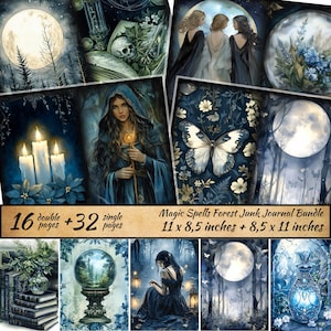 FairyJunk Journal Kit, Witch Ephemera Lunar Scrapbook Paper, Gothic Background Pages, Moonlit Forest Junk Journal Printable Kit
