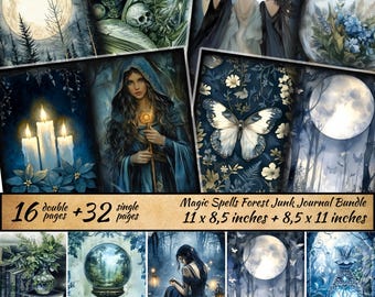 May include: A selection of fantasy art prints with a magical theme, showcasing a full moon, forest landscapes, and mystical characters. The prints feature a witch, a butterfly, and women. The bundle includes 16 double pages and 32 single pages, sized at 27.9 x 21.6 cm and 21.6 x 27.9 cm.
