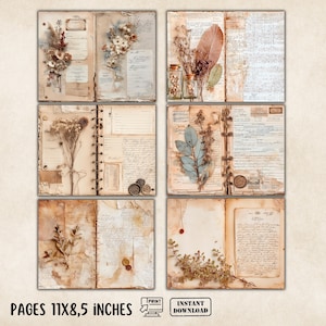 May include: A collection of six vintage-style journal pages, each featuring dried flowers, leaves, and handwritten text. The pages are aged with a sepia tone, and the dimensions are 11 x 8.5 inches. The image also includes icons for printing and instant download.