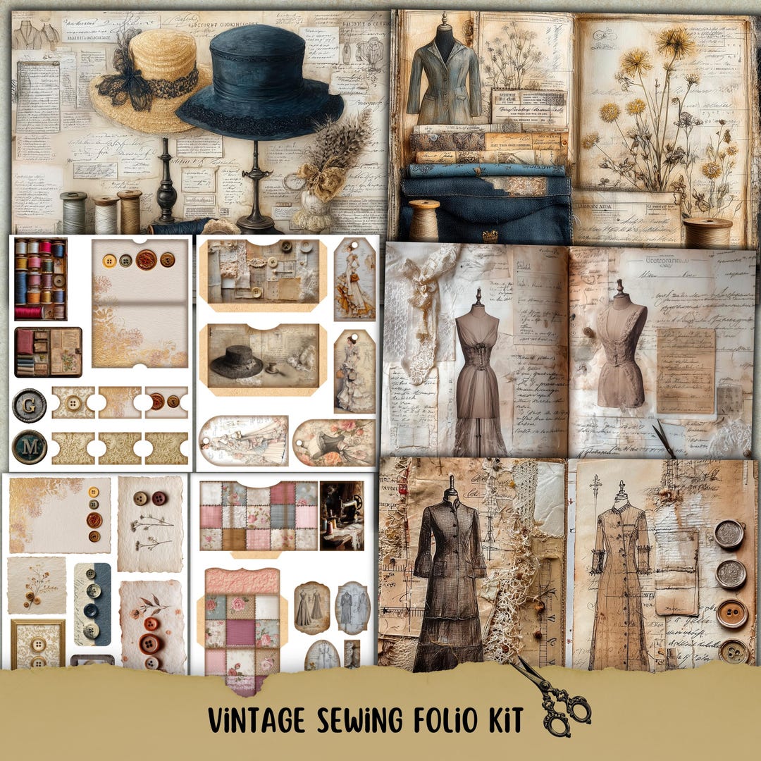 Vintage Sewing Folio Kit, Scrapbook Paper, Seamstress Junk Journal ...