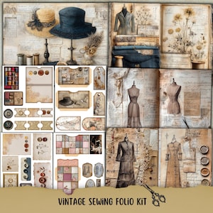 以下が含まれることがあります： ヴィンテージのソーイングフォリオキット。ソーイングをテーマにしたエフェメラのコラージュです。帽子、糸巻き、ボタン、タグ、マネキンなどが写っています。ベージュ、ブラウン、クリーム色を基調とした落ち着いた色合いで、「VINTAGE SEWING FOLIO KIT」の文字が入っています。
