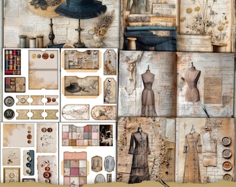 Vintage Sewing Folio Kit, Scrapbook Paper, Seamstress Junk Journal Printable, Sewing Machine Ephemera,Nostalgic fussy cut,Lace Collage Sheet