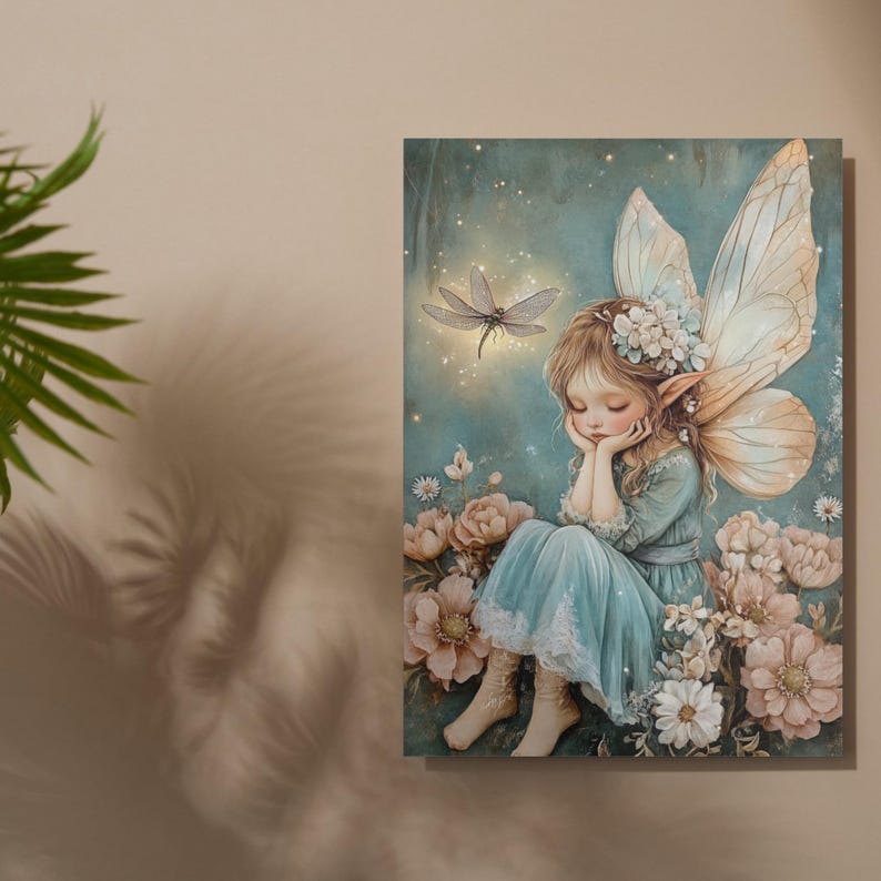 May include: A fantasy illustration of a fairy with large wings, sitting amongst pink and white flowers. The fairy is wearing a blue dress, with a dragonfly hovering nearby. The artwork has a dreamy, ethereal quality.