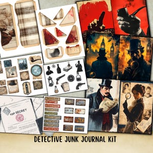Detektivjournalkit, Sherlock Holmes-ephemera, utskrivbar mysteriefil, scrapbook-papperskit, brottsplatsetikett, etikett, ficka