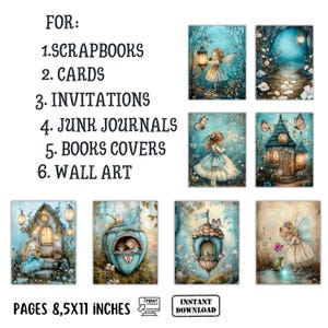 May include: A selection of digital art prints showcasing whimsical fairy illustrations in shades of blue, green, and beige. The prints are suitable for scrapbooks, cards, invitations, junk journals, book covers, and wall art. The pages are 21.6 x 27.9 cm.