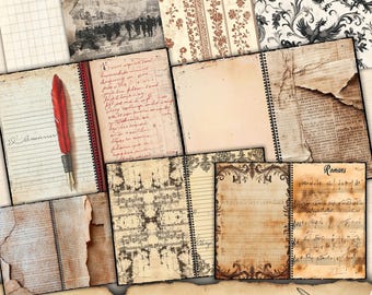 Grunge Junk Journal kit, Distressed timeworn Digital Papers, ledger paper background, printable scrapbook, collage sheet, Coffee Dyed paper