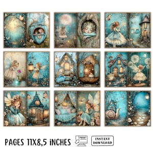 May include: Nine digital art prints with fairy-themed illustrations in blue and teal tones. The images depict fairies, fairy houses, and natural elements. The text at the bottom reads "PAGES 27.9X21.6 CM".