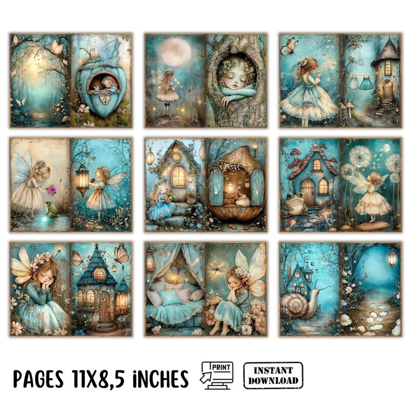 May include: Nine digital art prints with fairy-themed illustrations in blue and teal tones. The images depict fairies, fairy houses, and natural elements. The text at the bottom reads "PAGES 27.9X21.6 CM".