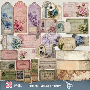 May include: A selection of vintage ephemera, including tags, postcards, and labels, with floral designs, botanical illustrations, and French text. The colour palette includes soft pinks, blues, and purples. The text on the image reads "24 PAGES PRINTABLE VINTAGE EPHEMERA."