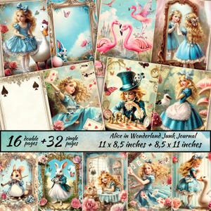 Alice im Wunderland Junk Journal, Wunderland Papier Kit, Alice Printable, verrückte Hutmacherin, Märchen Hintergrund, Fantasy Scrapbooking, Kaninchen