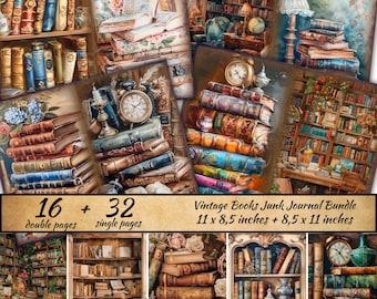 Library Junk Journal Kit, Cottagecore Pages, Old Book Digital Paper, Victorian Library, Reading Collage Sheet, Antique Library images