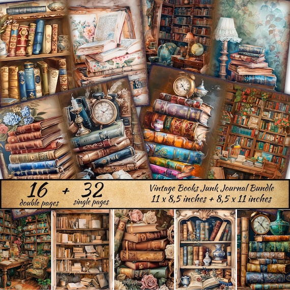 Library Junk Journal Kit, Cottagecore Pages, Old Book Digital Paper, Victorian Library, Reading Collage Sheet, Antique Library images