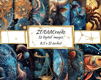 Zodiac Digital printable paper, Horoscope Sign download, Astrological Junk Journal, Galaxy Celestial Star Sign, Zodiac Bundle Scrapbook