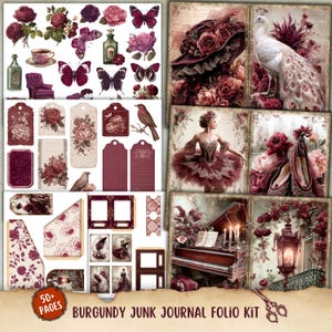 Könnte beinhalten: Burgunderfarbenes Junk-Journal-Folio-Kit mit über 50 Seiten. Das Kit enthält Rosen, Schmetterlinge, Etiketten und Illustrationen eines Pfaus, einer Ballerina und eines Klaviers. Das Gesamtthema ist Vintage und romantisch.
