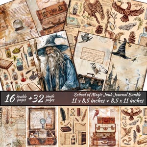 Lot de journaux indésirables de l'école de magie, feuilles de collage numérique sorcier, kit de journal indésirable magique, magiciens et livres Junk Journal numérique éphémères