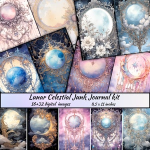 Kit de journal indésirable lunaire, demi-pages célestes, pages complètes, ciel nocturne vintage imprimable, scrapbooking mystique, feuille de collage lune mystique