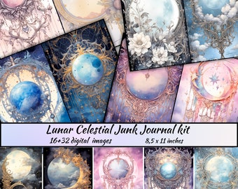 May include: A digital junk journal kit with 16-32 images featuring celestial and lunar themes. The images are in a watercolor style and feature moons, stars, and clouds in gold, blue, and pink frames.