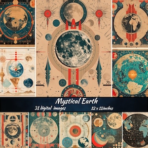 Mystical Earth Digital Paper, download magie afdrukbaar plakboekpapier, afdrukbaar Galaxy plakboekpapier, digitale decoupage magische maankaart