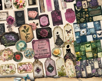 Vintage TAG, Label, Ephemera for folio Kit, fussy cut, Junk Journal Supplies, Printable Embellishment, Grunge Paper, Botanical collage sheet