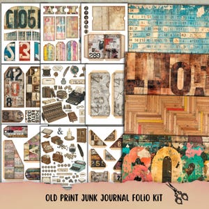 May include: A collection of vintage-style ephemera for junk journaling, including tags, labels, and paper elements. The kit features aged textures, numbers, and text, with a colour palette of browns, blues, and reds. The words "OLD PRINT JUNK JOURNAL FOLIO KIT" are at the bottom.