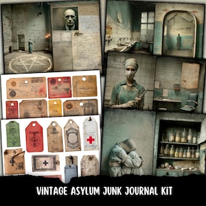 Puede incluir: Un collage de efímeras vintage con temática de asilo. Incluye documentos de papel envejecido, etiquetas con símbolos médicos e imágenes inquietantes de entornos hospitalarios y pacientes. El texto "VINTAGE ASYLUM JUNK JOURNAL KIT" está presente.