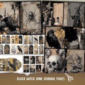 Black Witch Junk Journal-sidor, utskrivbara vintage-ephemera, Halloween Gothic Scrapbook Kit, fussy cut, Scrapbooking, Grimoire Collage Sheets