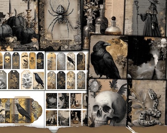 May include: A collage of black and gold junk journal pages with a gothic theme. The pages feature illustrations of a spider, raven, skull, witch, and botanical elements. The text "BLACK WITCH JUNK JOURNAL PAGES" is at the bottom.