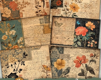 Op de afbeelding: Een verzameling van 24 pagina's in vintage-stijl voor een dagboek. De pagina's bevatten bloemen en botanische illustraties, handgeschreven tekst en vlinder- en vogelaccenten. Het kleurenpalet omvat beige, bruin, blauw en oranje tinten. De tekst op de afbeelding luidt "Faded Junk Journal Pages".
