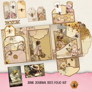 Junk Journal Bees Folio Kit, Loaded Folder, Sunflower Printable Ephemera, Honey Bee Scrapbook Collage Sheet,Background Butterfly Mixed Media